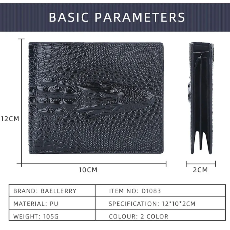 Baellerry 남성용 짧은 지갑, 지퍼 동전 주머니, 악어 패턴, 럭셔리 카드홀더, PU 가죽, 클래식 남성 지갑