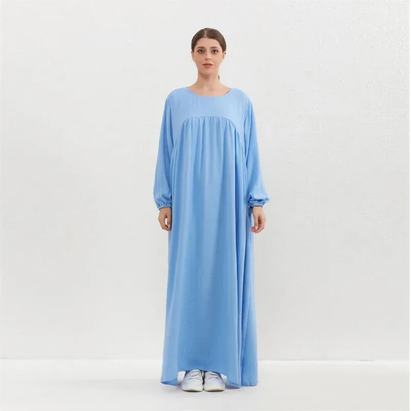 Bonny Women Pocket Maxi Dress: Loose Full Sleeve O-Neck Solid Robe Muslim Long Dress Spring Autumn