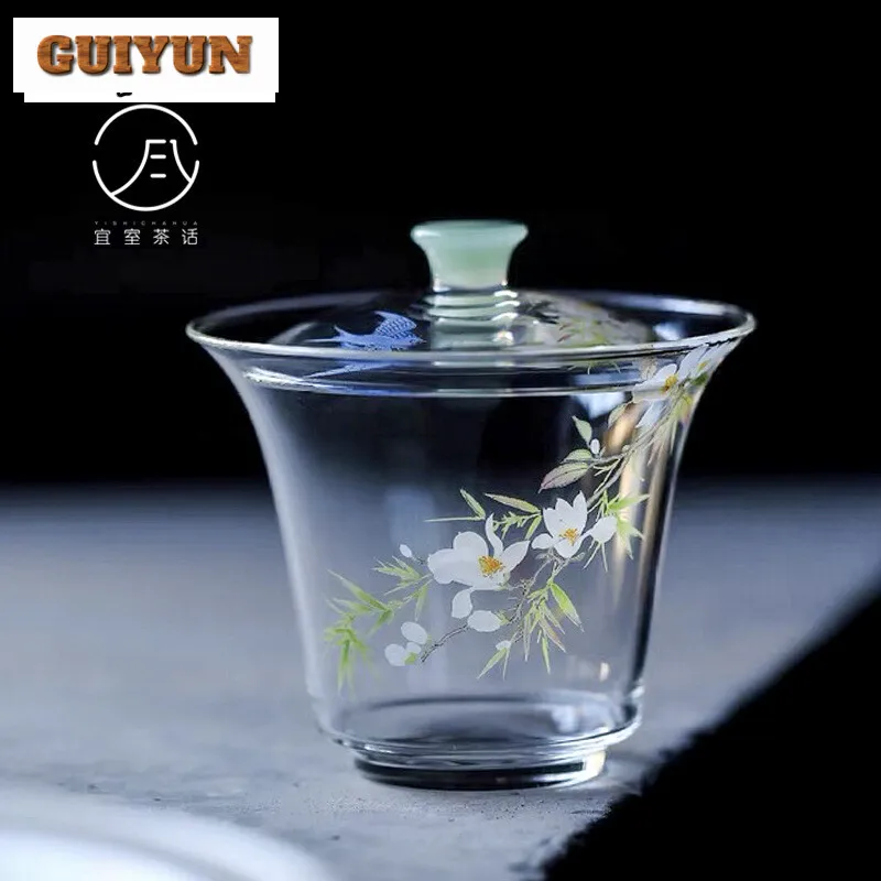 155ml High Borosilicate Glass Flower Gaiwan Vintage Transparent Non Hot Tea Tureen Tea Making Cover Bowl Tea Ceremony Decoration