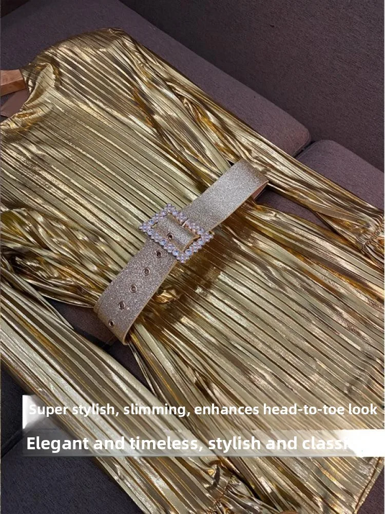 فستان ذهبي فضفاض من الساتان الجميل Dr Ele بتصميم فريد من نوعه فاخر A5886 للتنقل عالي الخصر للنساء