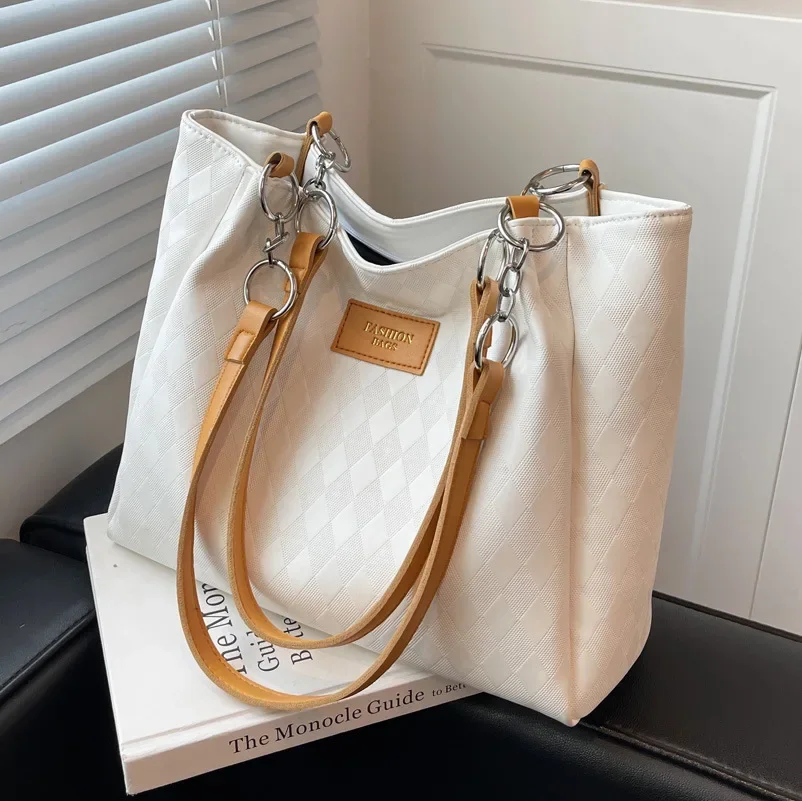 Women Totes Large Capacity Handbag Simple Cream Color Casual Tote High Quality Leather Crossbody Shoulder Bag Lady Commute Bag