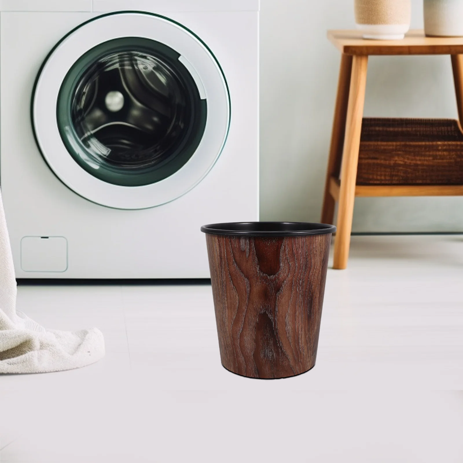 

Vintage Imitation Wood Grain Garbage Bin Stylish Waste Container for Living Room Kitchen Bathroom Round Trash Can