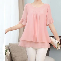 Chiffon Short Sleeve Thin Blouse Women Clothing Solid Plus Size Irregular Loose Elegant Shirt Tops Vintage Casual Summer New