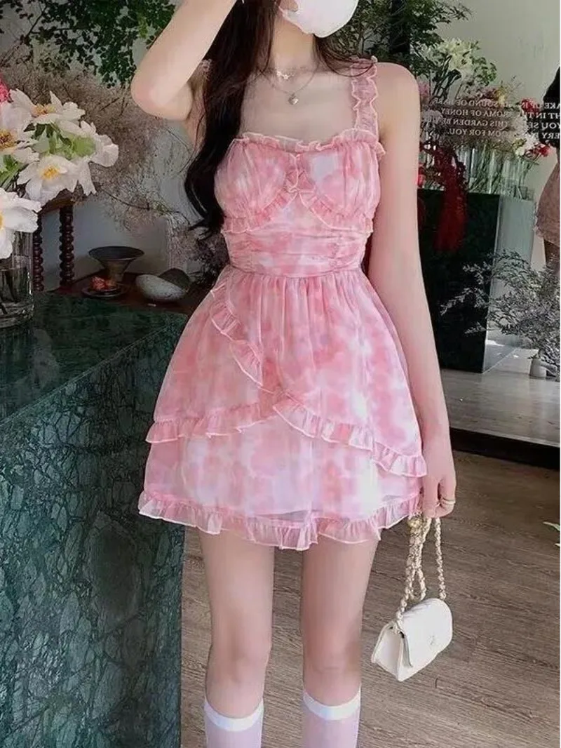 Vestido rosa súper inmortal para vacaciones en la playa, Vestido con tirantes de gasa fragmentada, cintura alta, Falda corta elegante, SBEF, Verano