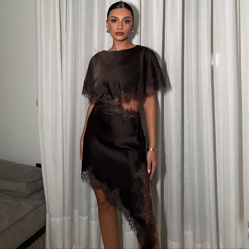 

Lace Splice Hollow Sexy Dress For Women Irregular Fashion Bodycon Mini Dress Short Sleeve 2026 New Evening Party Dress
