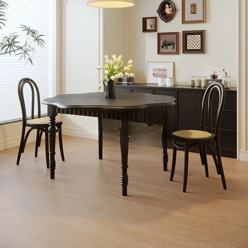 

Retro all solid wood round dining table American modern simple black