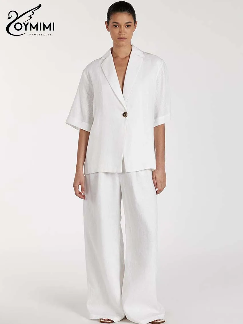Oymimi أزياء القطن الأبيض 2 قطعة مجموعات امرأة الزي أنيقة نصف كم زر واحد قمصان + جيوب عالية الخصر بنطلون مجموعة #2