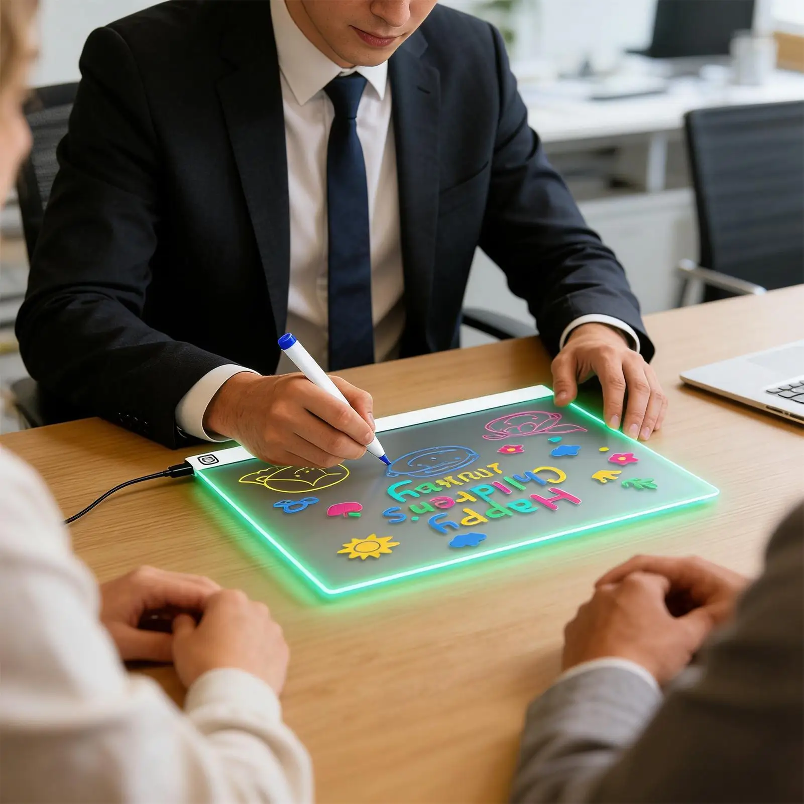 กระดานโน้ต LED พร้อมสี ขนาด 35x26 ซม. แผ่นรองเขียนแบบอะคริลิค ลบได้ ของเล่นสำหรับเด็กชายและเด็กหญิง ใช้สำหรับวาดภาพ ระบายสี เขียน