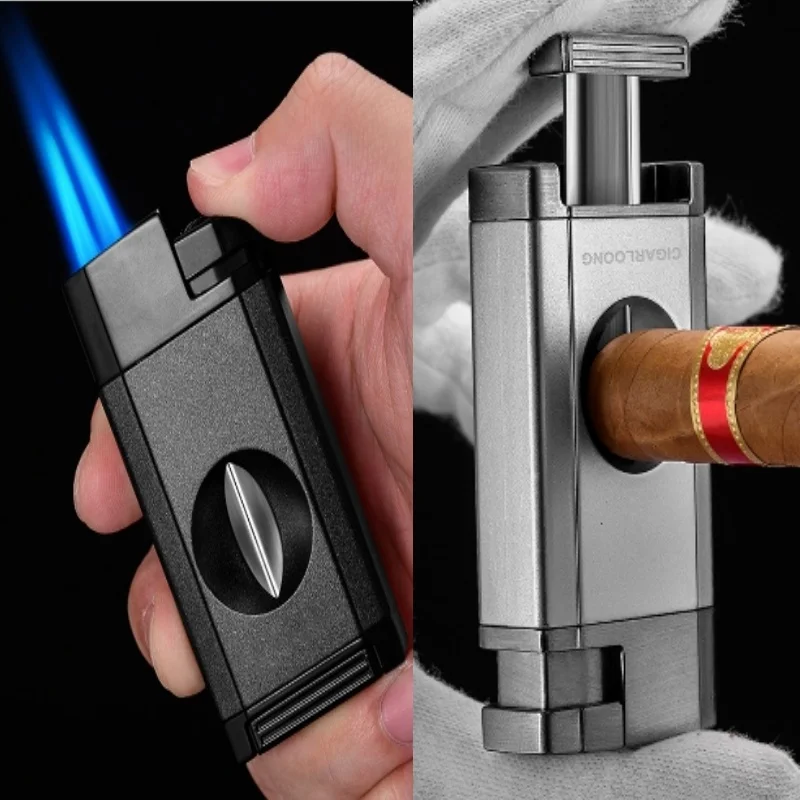 Portable 2-in-1 Metal Cigar Turbo Lighter Outdoor Windproof Butane Gas Torch Jet Lighters with V-Shaped Cigar Cutter Men's Gifts