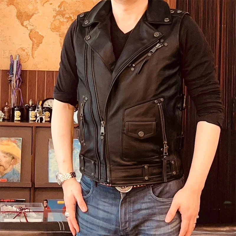 Riding Vest Motor Biker Jackets Vintage Brown Motorcycle Vests Men Natural Cowhide Genuine Leather Jacket Sleeveless Coat