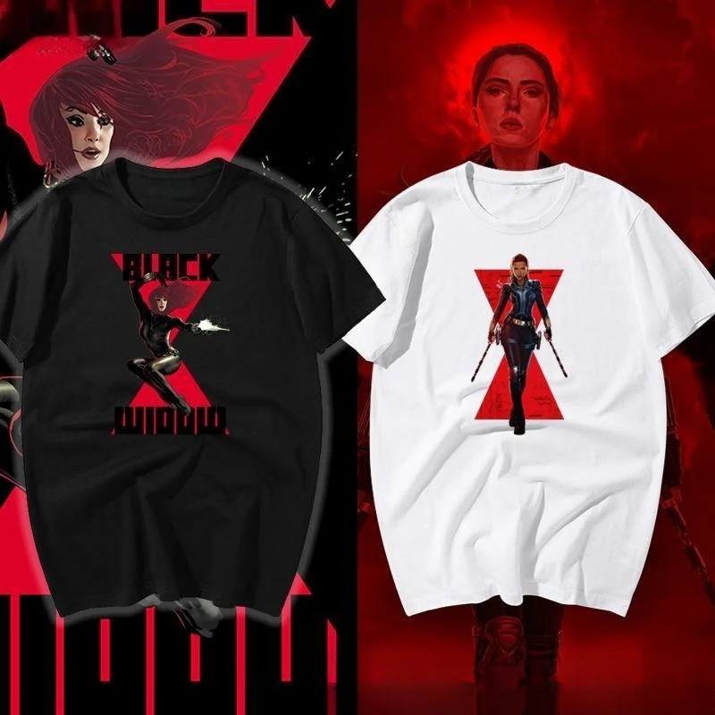 Marvel genuina viuda negra Marvel Joint Scarlett Johnson impreso manga corta hombres y mujeres misma camiseta suelta de cuello redondo