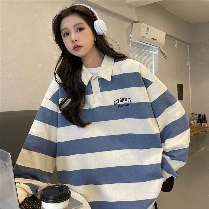 Korean Version Vintage Polo Collar Oversized Hoodies Women Blue Patchwork Stripe Thin Y2k Sweatshirt Harajuku Tops Long Sleeve