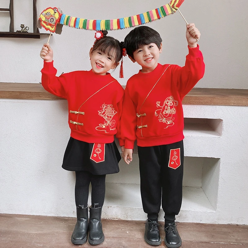 

Baby Festive Improvement Tang Clothing Children's Autumn and Winter Fleece Sweatshirt Embroidered New Year Greeting Dress Set