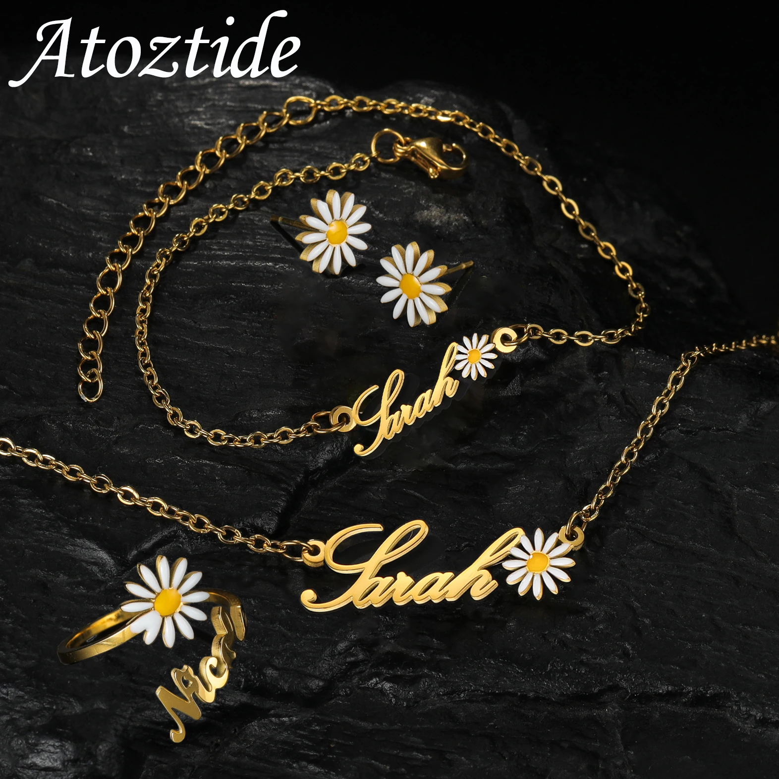 Atoztide Personalized Custom Name Jewelry Set Dripping Oil Flower Necklace Bracelet Earring Ring Stainless Steel for Women Gifts