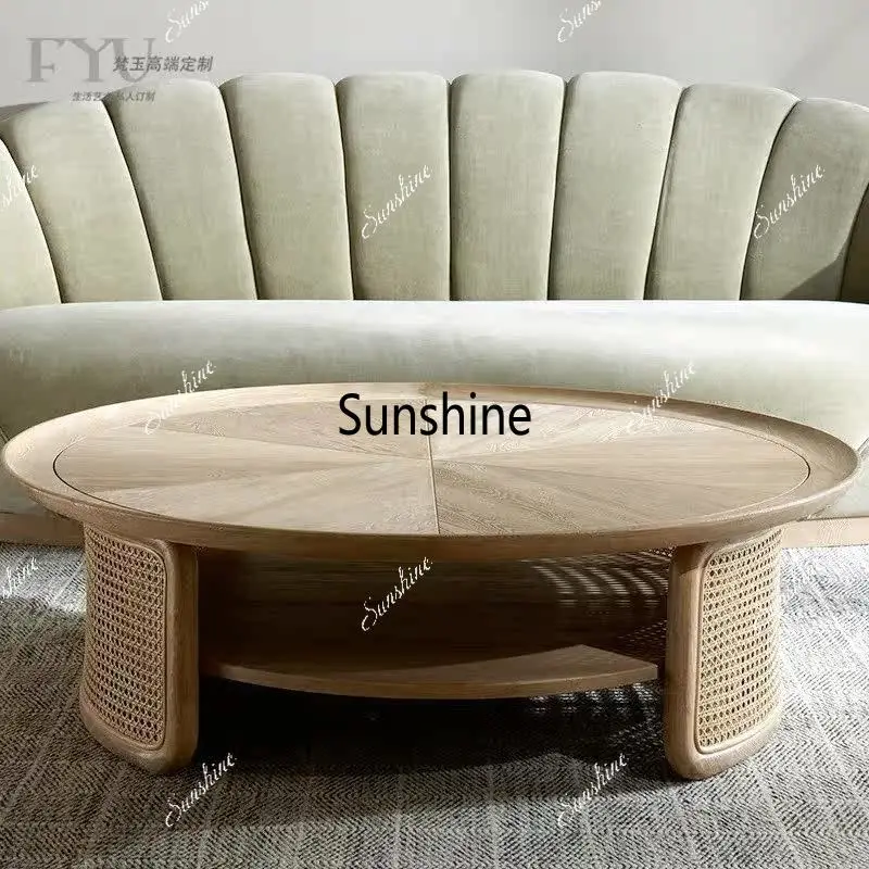 Modern simple solid wood living room home rattan creative round tea table