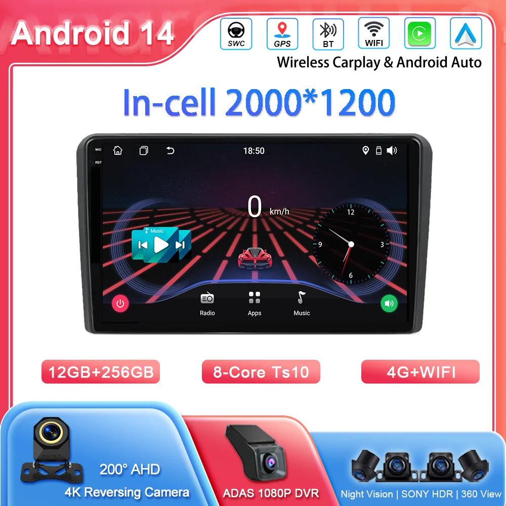 

Автомобильный радиоприемник Android 14, стерео для Audi A3 8P 2003-2013, авто мультимедийный плеер, GPS-навигация, Carplay, Android Auto 2din, головное устройство