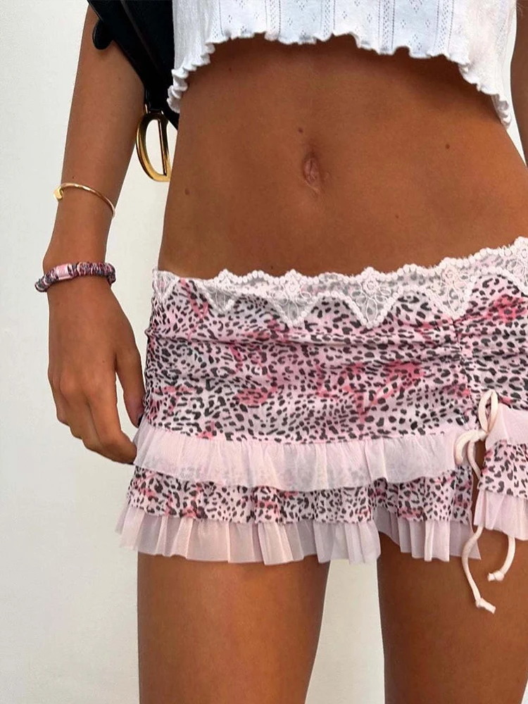 Women Y2K Lace Mini Skirt Summer Leopard Gingham Ruffle Short Fairy Sexy Low Rise Pleated A-line Skirts Lolita 2000s Streetwear