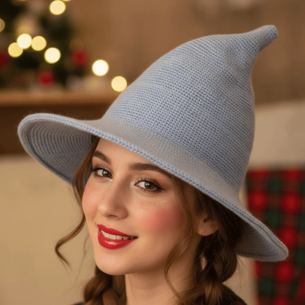 Halloween Beanie Knitted Witch Hat Pointed Top Solid Color Wizard Cap Crochet Texture Soft Yarn Pointed Bonnet Stage Performance