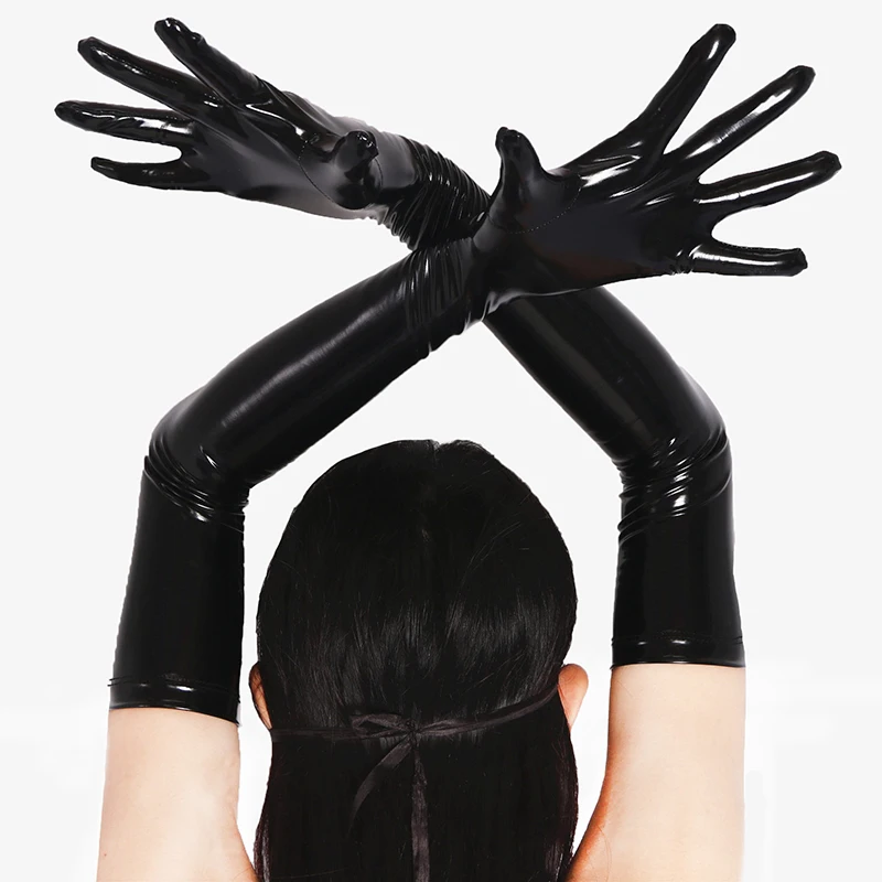Women Long Patent Leather Coated Pole Dance Performance Gloves Halloween Cosplay  Costume Accessories Nightclub Sexy Tight Glove