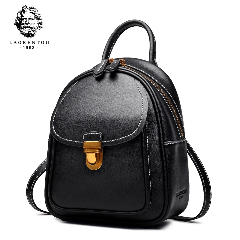 

LAORENTOU Ladies Fashion Cowhide Backpack Student Mini Small Leather School Bag Women High Quality Small Shoulder Travel Handbag