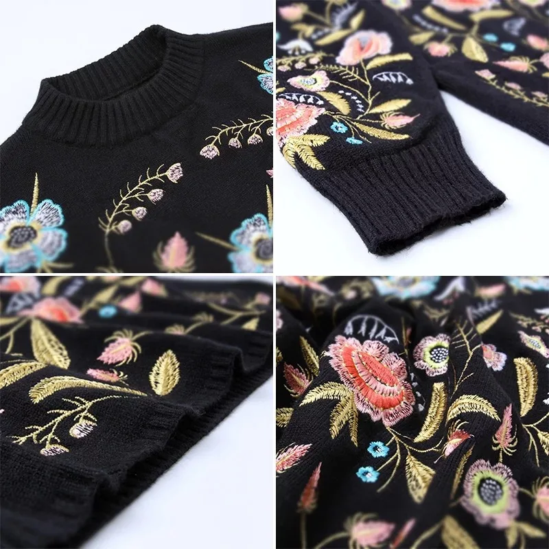 2022 Vintage Pullover Embroidery Round Collar Flowers Top Loose Korean Autumn Winter Jumper Long Sleeve Women Fashion Sweater