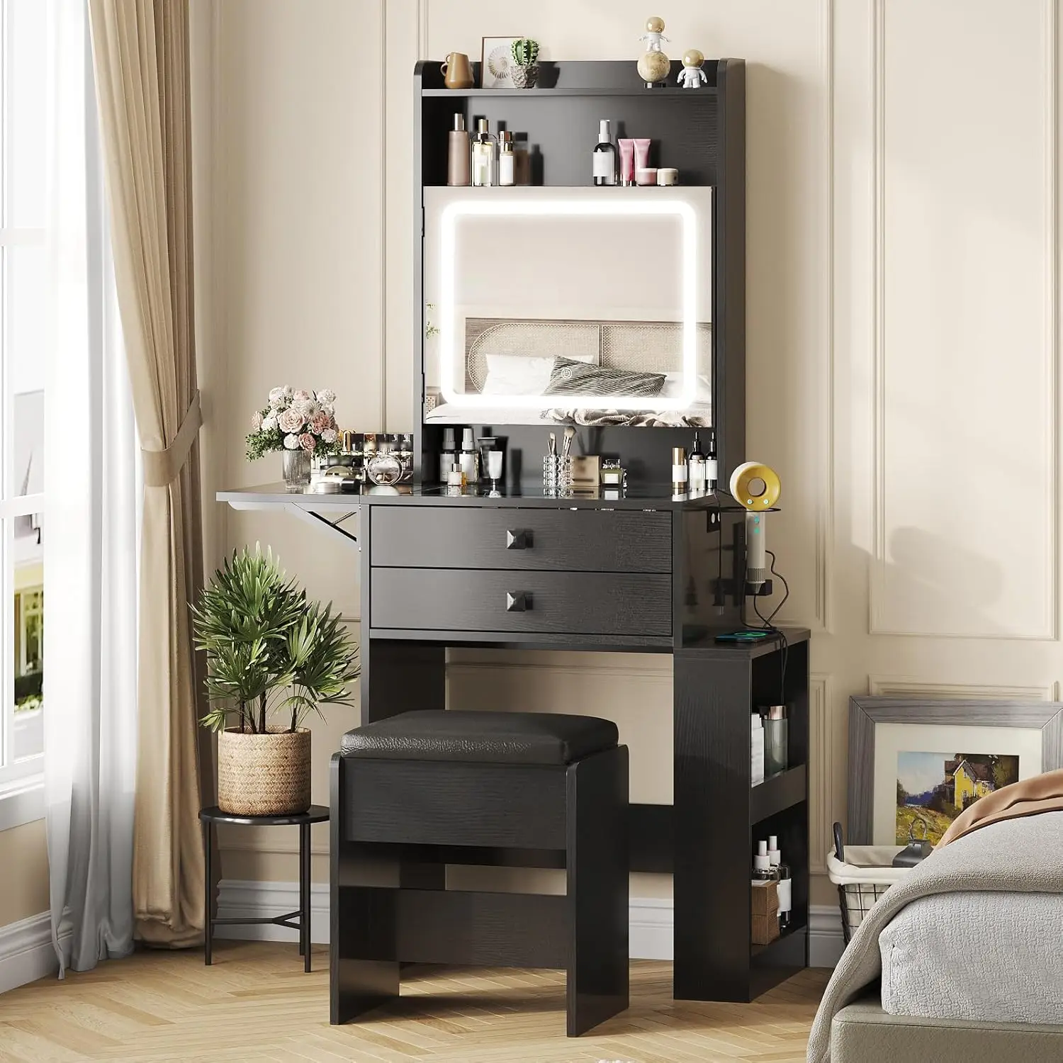 

Маленький туалетный столик, 3 регулируемых по яркости зеркала с подсветкой, белый туалетный гарнитур, складная панель, зарядная станция, стеклянная столешница, выдвижные ящики