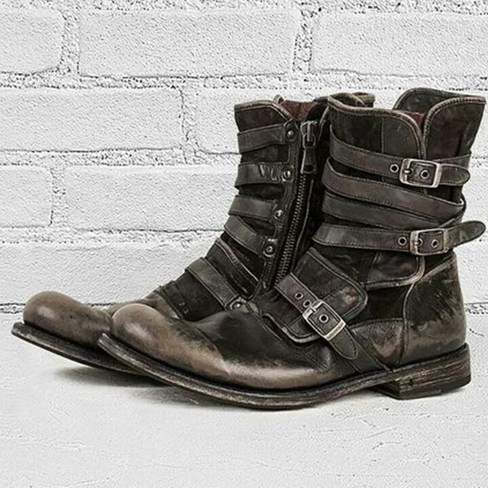 

Men's Distressed Gray Leather Ankle Boots Multi-Buckle Straps Side Zipper Rugged Design for Urban Street Biker Fashion Looks