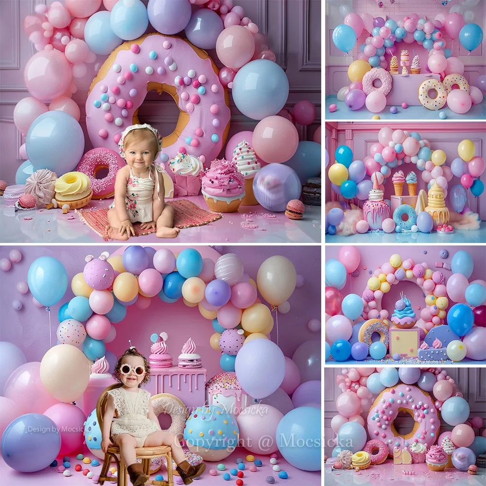 

Photography Background Donut Girls Baby Show Backdrop Ice Cream Candy Grains Arch Balloon Decor Newborn Girl Cake Smash Photo