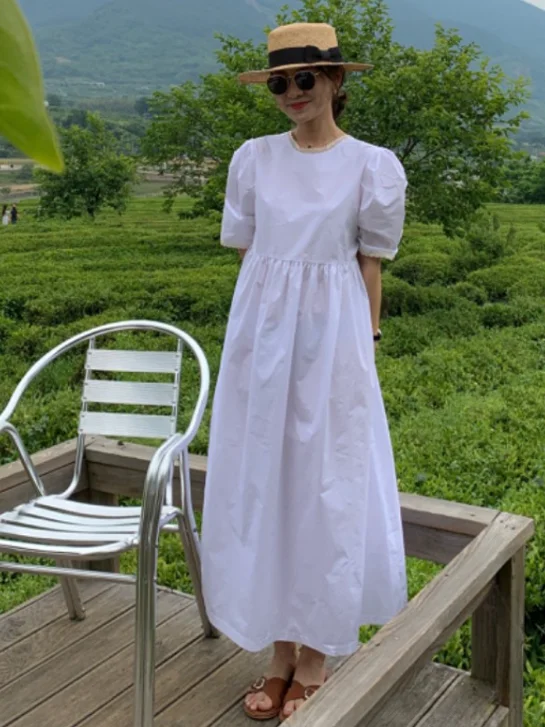 Vestido e de verano con corte de encaje y cuello empalmado, Vintage, refrescante, de Color sólido, manga de burbuja, f...