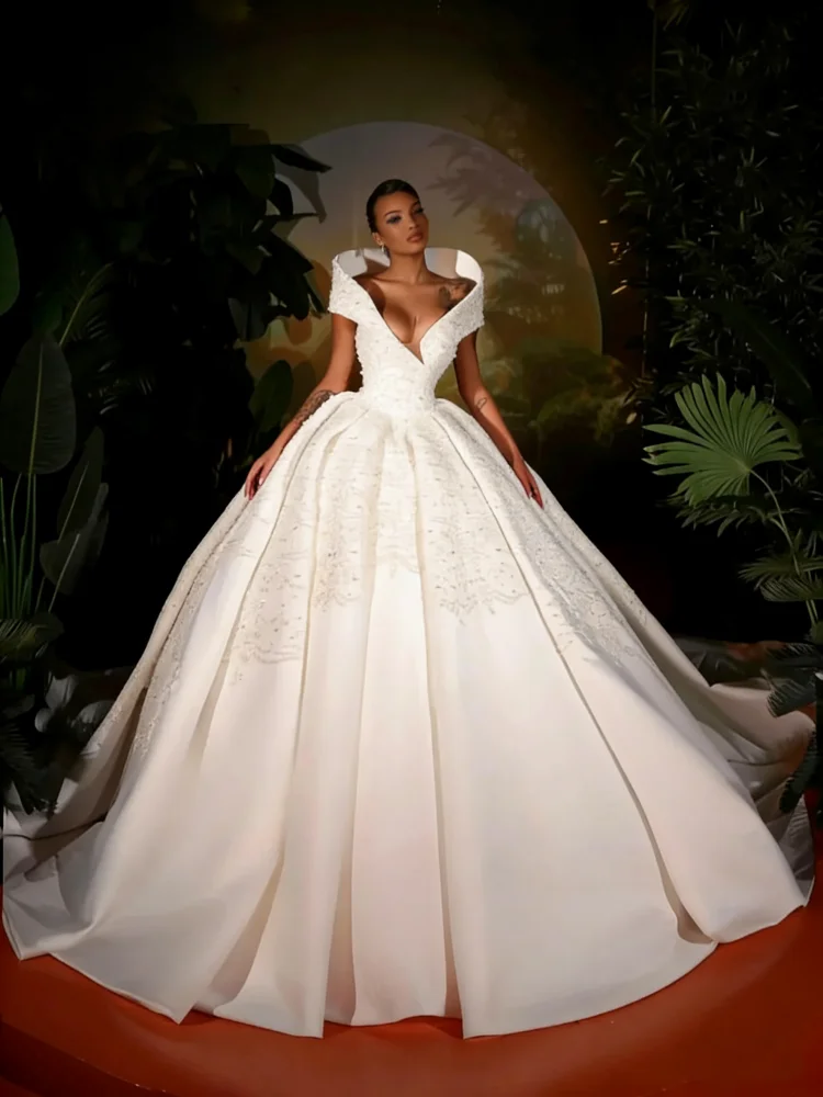 

2026 Gorgeous White Fully Beaded Pearls Wedding Dress Satin Deep V-neck Bridal Gown New Charming Dresses For Bride Customzied