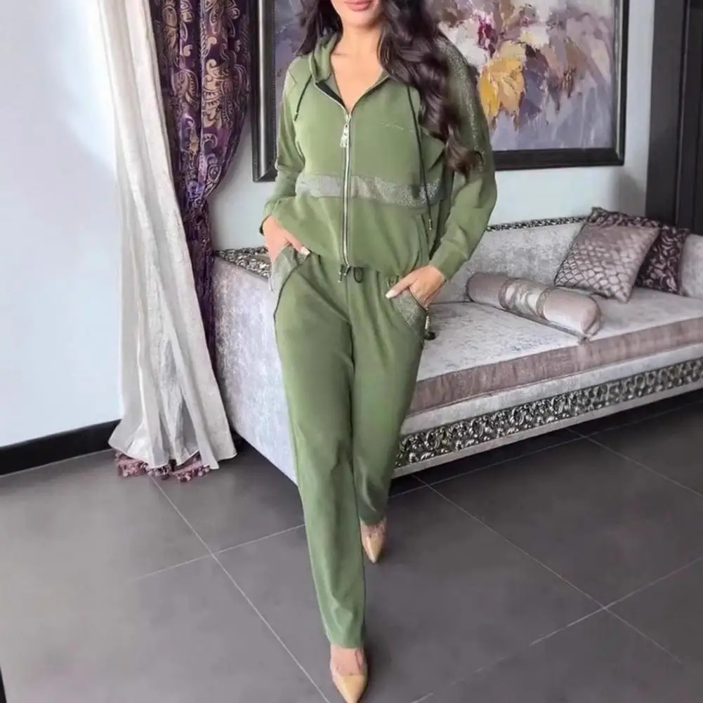 

2 Pcs/Set Women Sweatshrit Pants Suit Sequin Hooded Long Sleeves Zip-up Sport Hoodie Elastic Waist Trousers Fitness Outfit Fall