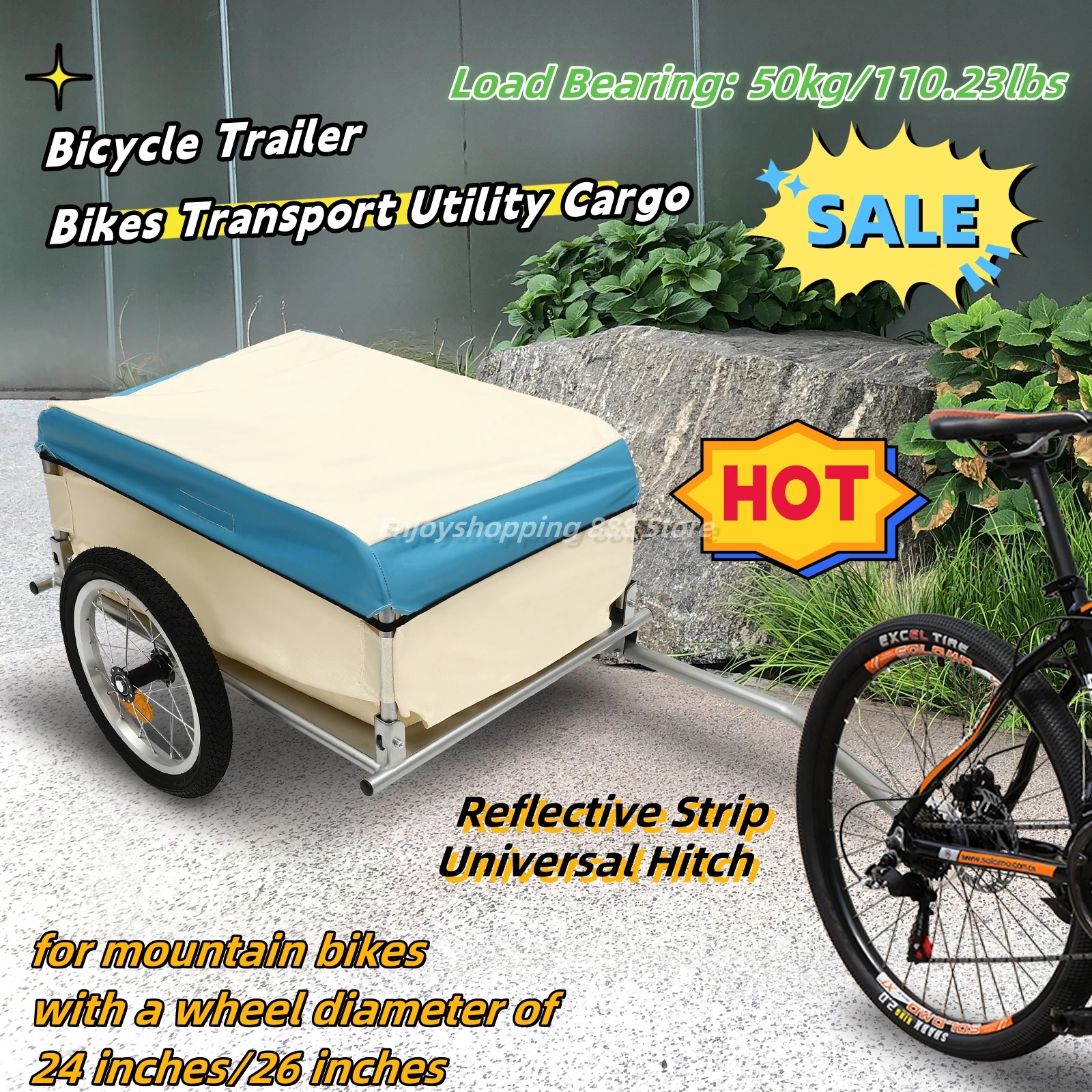 

50kg Bicycle Trailer Bikes Transport Utility Cargo Universal Hitch for Luggage, Tools, Groceries