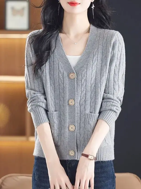 Cárdigan Corto Hoado de Punto con Cuello en V para Primavera y Otoño, Chaqueta de Suéter con Botón Único a la Moda para Muj...