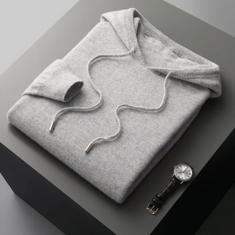 Autumn and winter new men's 100% Merino wool hooded collar knitted pullover fashionable sports and leisure warm sweater