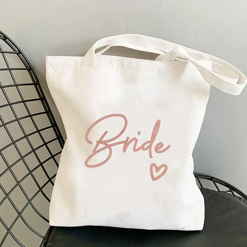 Team Bride Printed Pink Font White Canvas Environmental Shopping Bag High Quality Women\'s Casual Large Handbag Washable Tote Bag