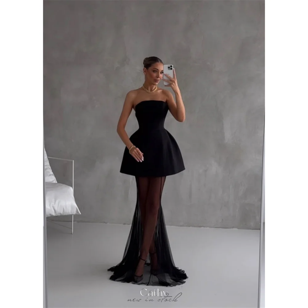 

Cathy Customized Black Strapless A-Line Prom Dresses Illusion Sleeveless vestidos de noiva Elegant Floor-Length Evening Dress