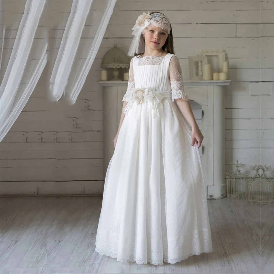 

Fairy Flower Girl Dress For Kid Vintage Princess Lace Floral Ribbon Belt Bridemini Bridesmaid Wedding Party Tulle Gown