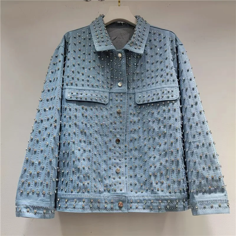 Heavy Work Beaded Diamond Blue Denim Jacket Casual Loose Spring Autumn New Women Turndown Collar Long Sleeve Jeans Jacket Coat