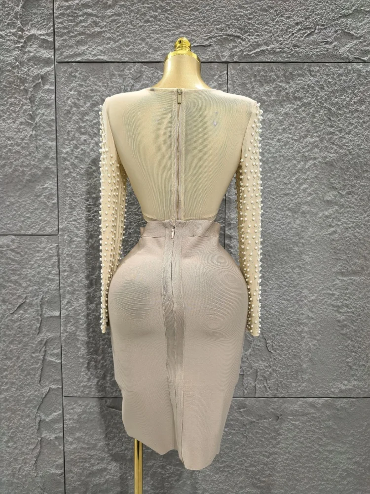 Haute qualité femmes à manches longues Sexy perles 2 pièces moulante pansement Mini robe discothèque fête célébrer tenue de mode