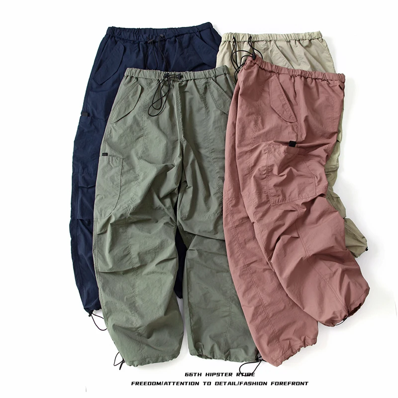 

Легкие быстросохнущие рабочие брюки для активного отдыха, мужские свободные широкие брюки с манжетами, повседневные длинные брюки, летние дышащие молодежные штаны