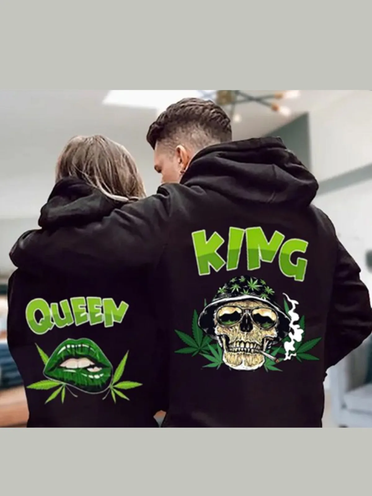 

1 шт. [парный стиль] модный дизайн KING/QUEEN с рисунком черепа и губ, соответствующий друг с толстовкой с капюшоном для пары, удобный подарочный пуловер