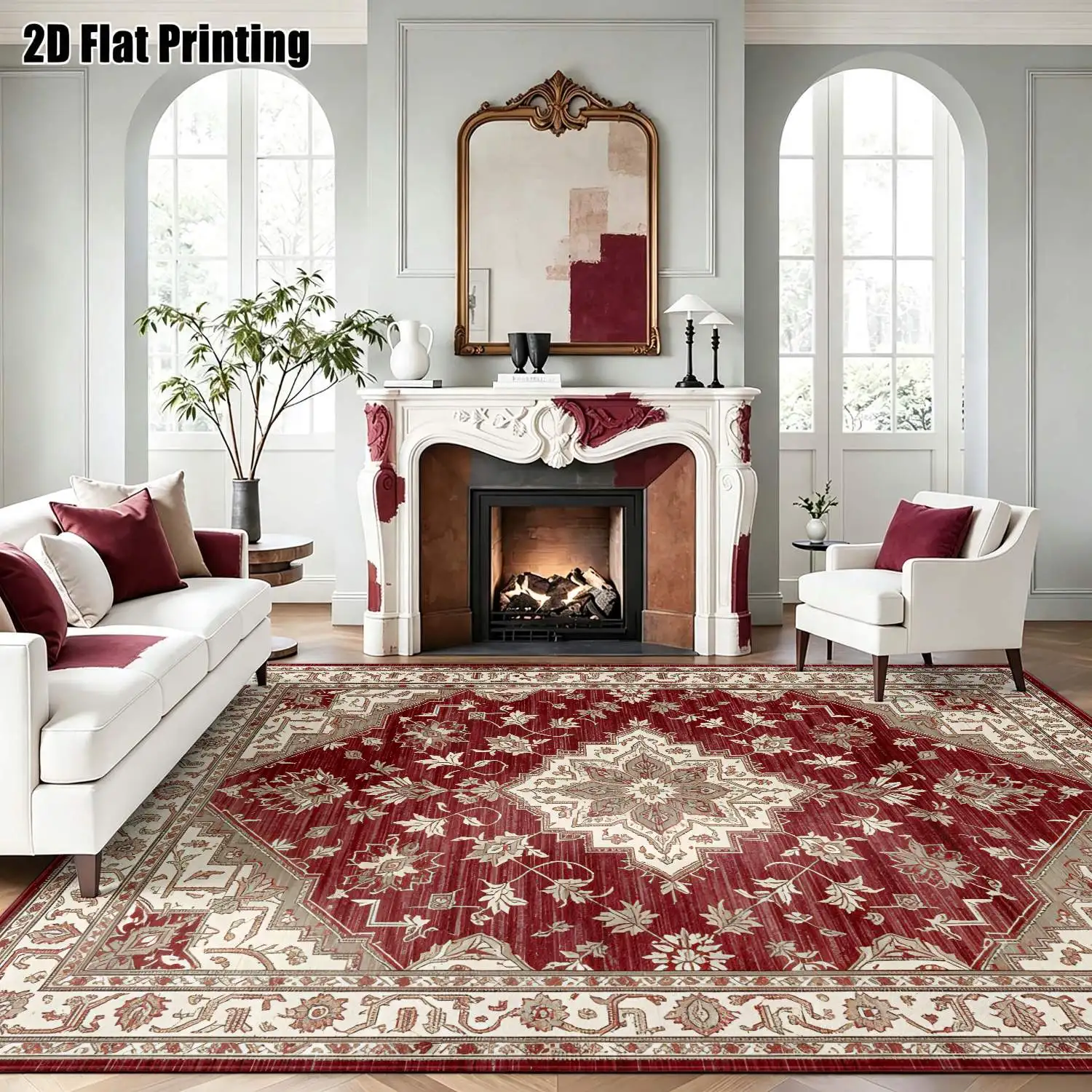 1Pc 2D Printed Carpet: Red Floral & Geometric Patterns, European/Retro/Bohemian Style, Machine Washable, Multi-Size, Ideal for Home Decor & Multi-Scene Use