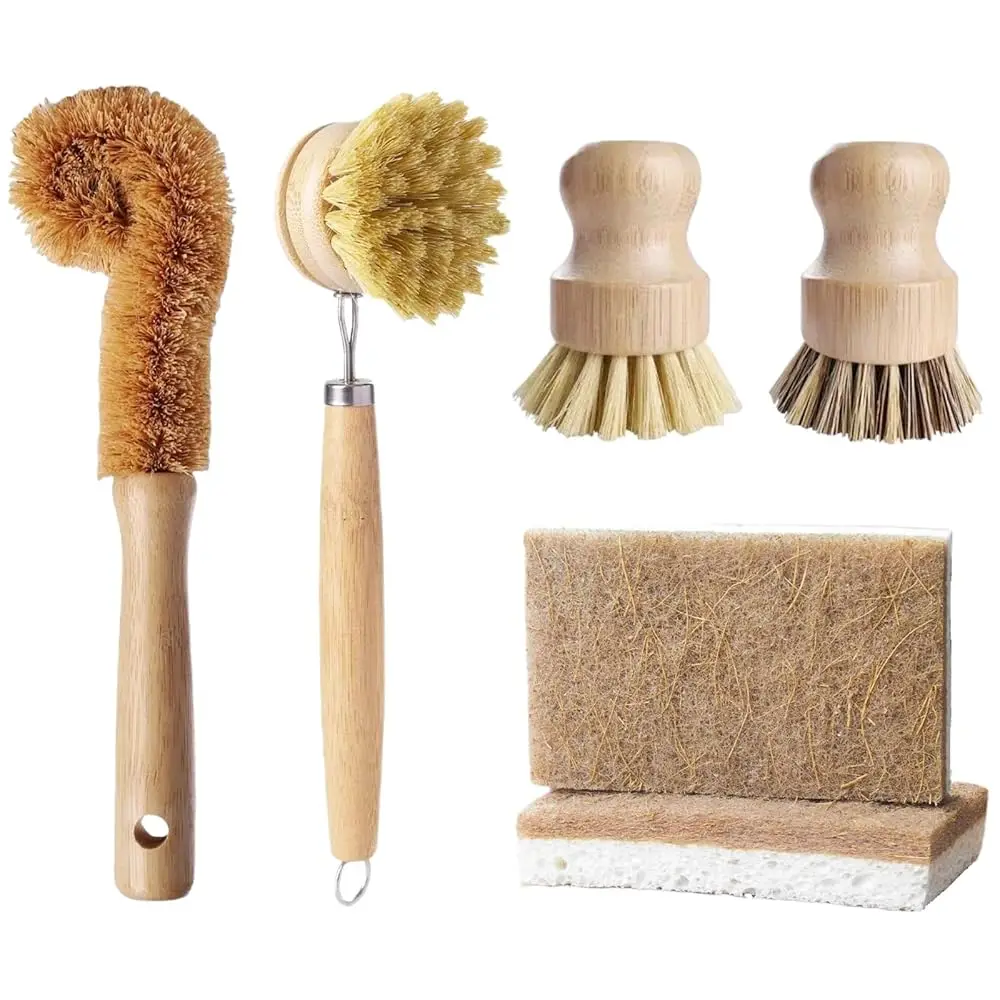 

Набор естественных бамбуковых щеток для мытья посуды - 6 предметов: 4 щетки для кухонной утвари и 2 губки из кокосового волокна, для