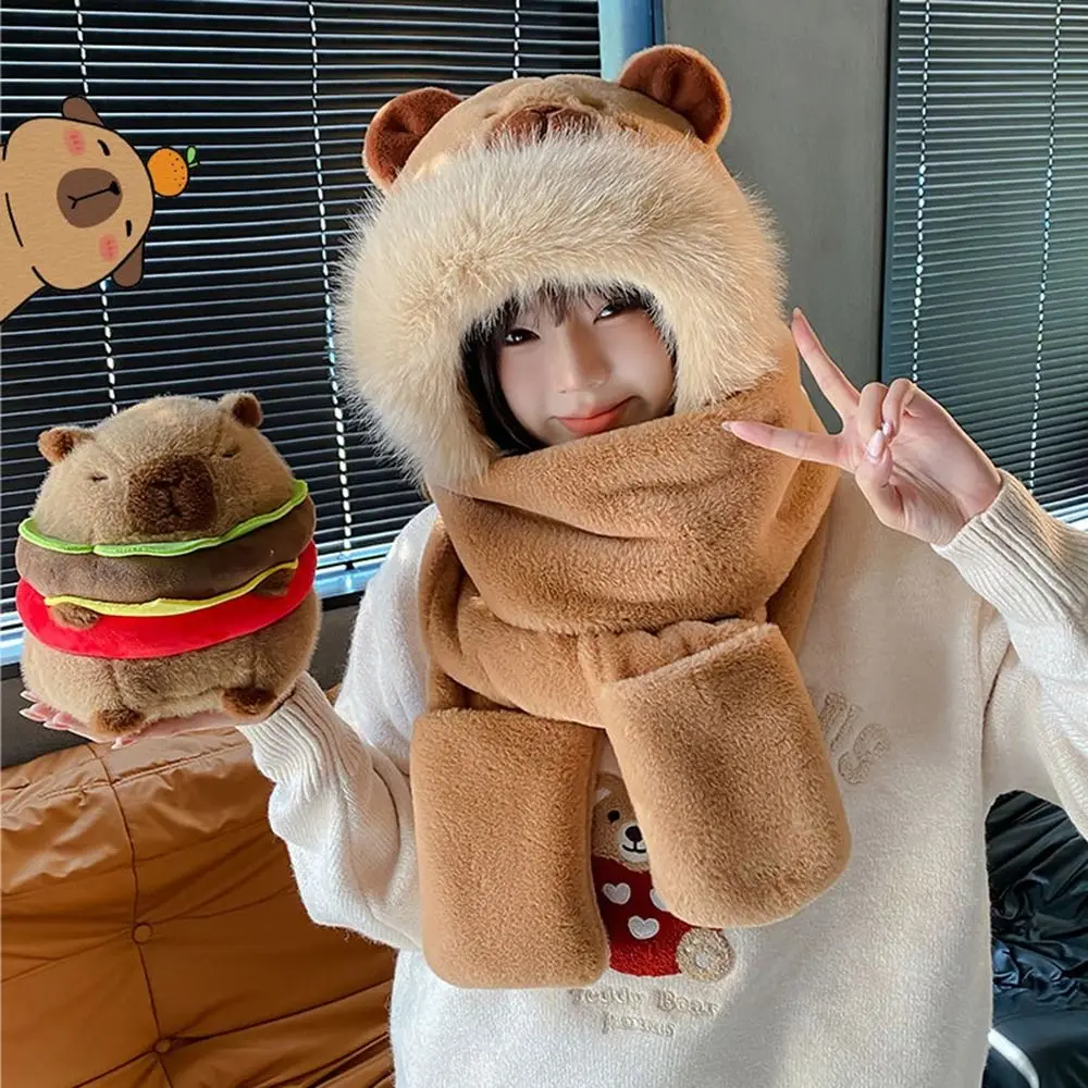 

Trendy 3 in 1 Capybara Hat Scarf Set Cartoon Panda Scarf Hat Glove for Women Ear Protection Fluffy Cartoon Plush Hat Outdoor