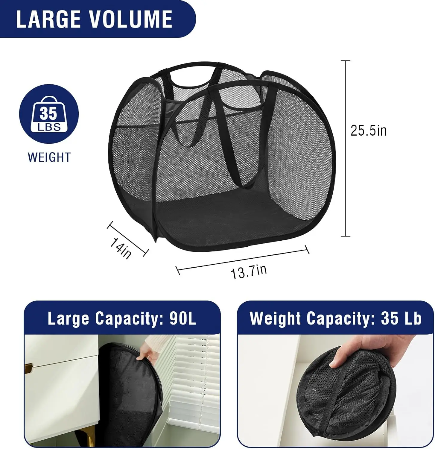 90L Collapsible Mesh Laundry Basket,Foldable Pop Up Laundry Hamper with Side Pocket Removable Clothes Storage Bin with Handle