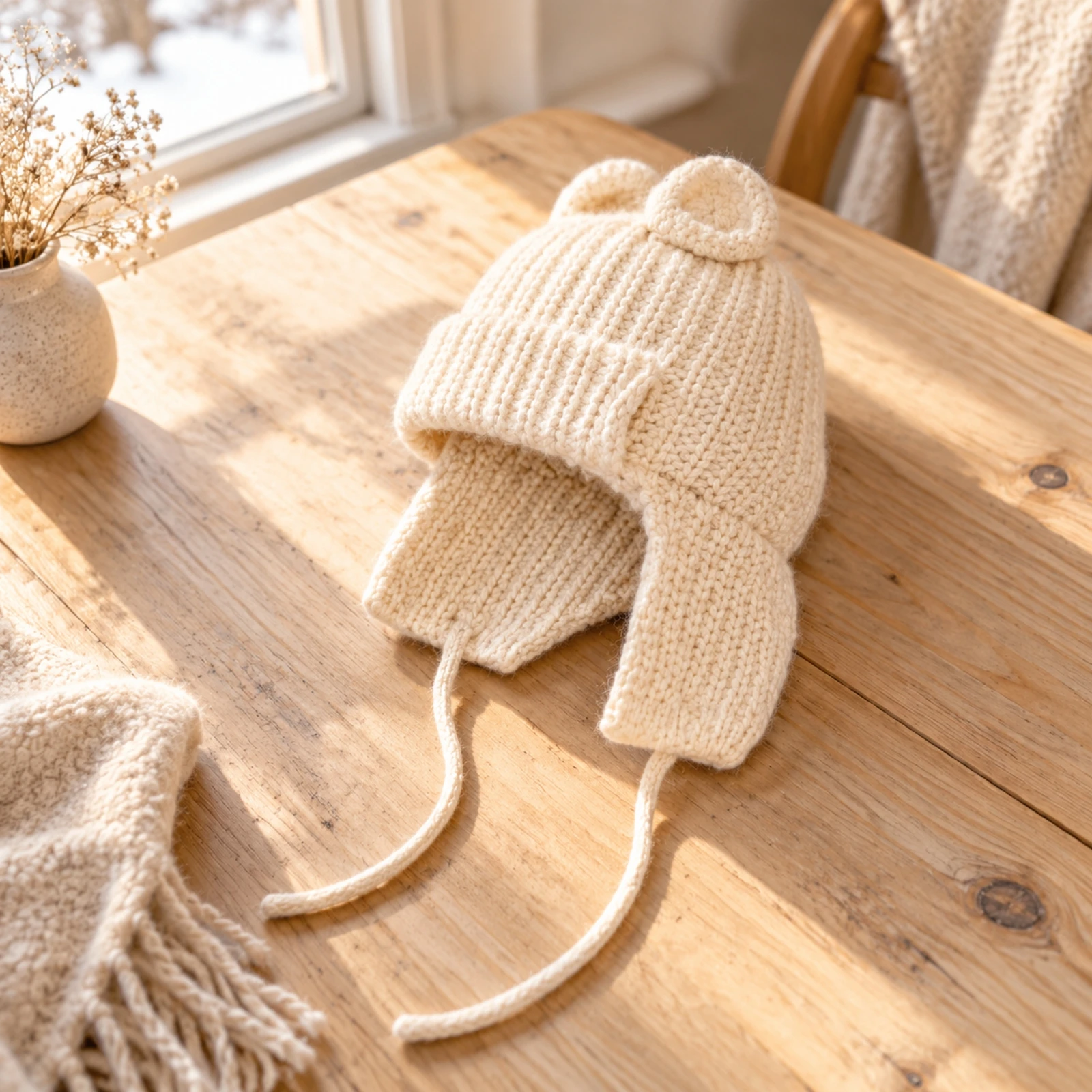 Knitted Winter Earflap Hat with Chin Ties Warm Ribbed Knit Earflap Hat with Bear Ears Winter Beanie with Ear Flaps Cute