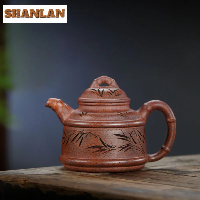 

300ml Classic Yixing Purple Clay Teapots Handmade Bamboo Tripod Pot Raw Ore Hyperthermia Firewood Mud Kettle Zisha Tea Set Tea