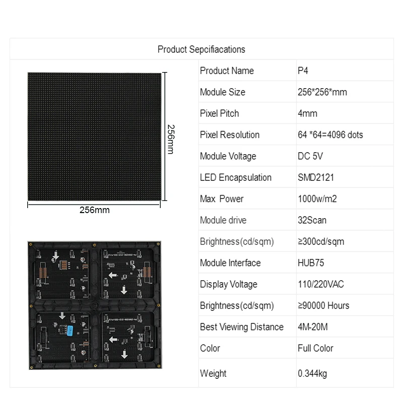 LED matrix panel indoor module P4 256 * 256mm light and thin panel 64 * 64 pixel SMD2121 RGB 3 In 1 LED display screen