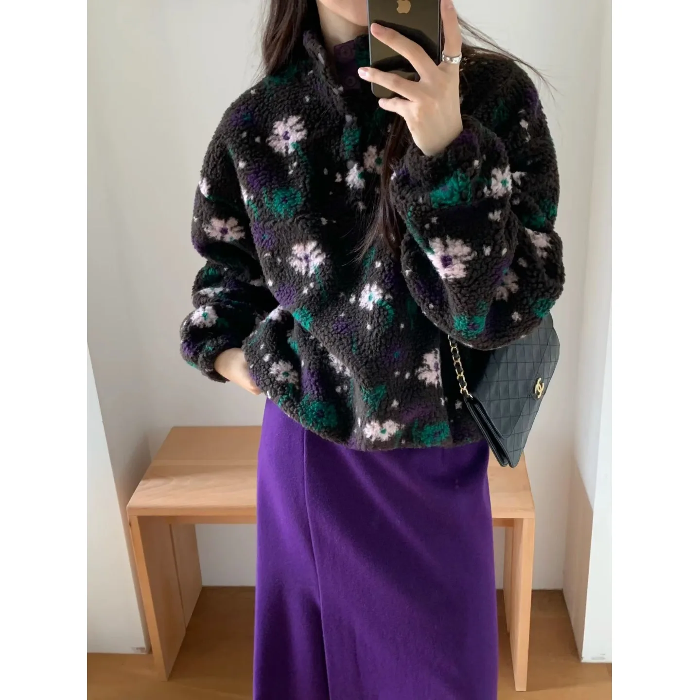 Autumn Winter Floral Lamb Fur Jaet Women's Loose Warm Sli Outerwear Casual Sle Long Sve No Hood Faionable