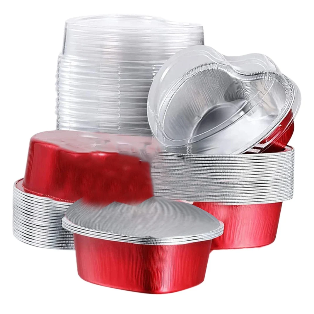 Baking Cups,Foil Cupcake,50 Pcs100Ml Tin Foil Cake Cup with Lid Heart Shaped Heat Resistant